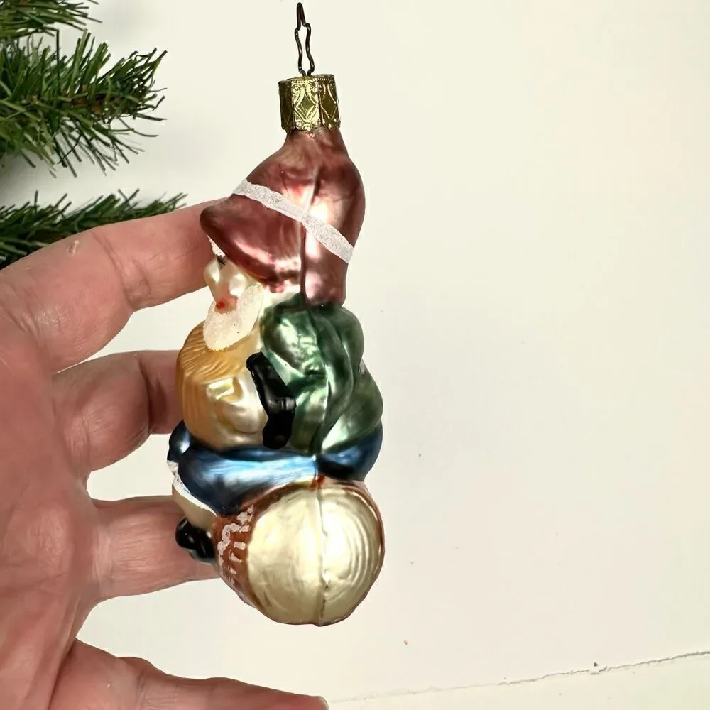 INGE GLAS Germany Glass Christmas Ornament Gnome On Log Playing Accordion
